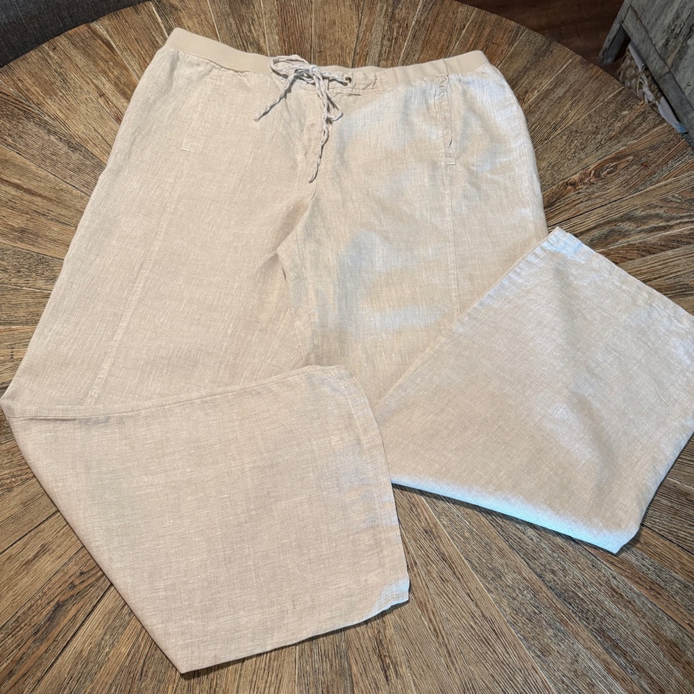 Women’s size 16 linen pants tan oatmeal drawstring wide leg casual coastal pants